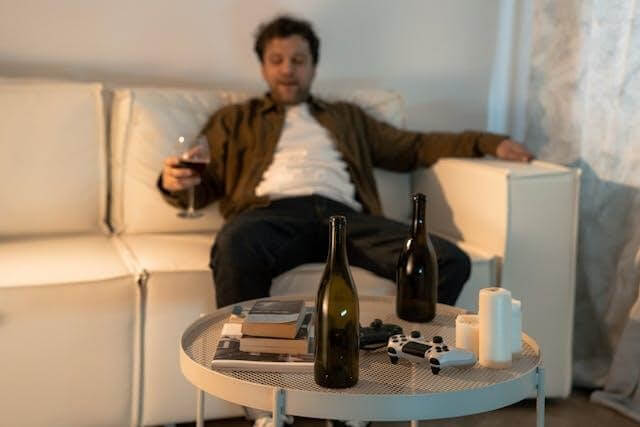 Image of A man holding a wine glass while sitting on a sofa in front of bottles on the table 